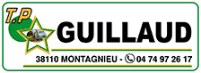 T.P GUILLAUD : Expert Travaux Publics à Montagnieu (38) Logo T.P GUILLAUD, travaux publics à Montagnieu (38110). Étoile avec pelleteuse, texte noir et vert sur fond blanc.